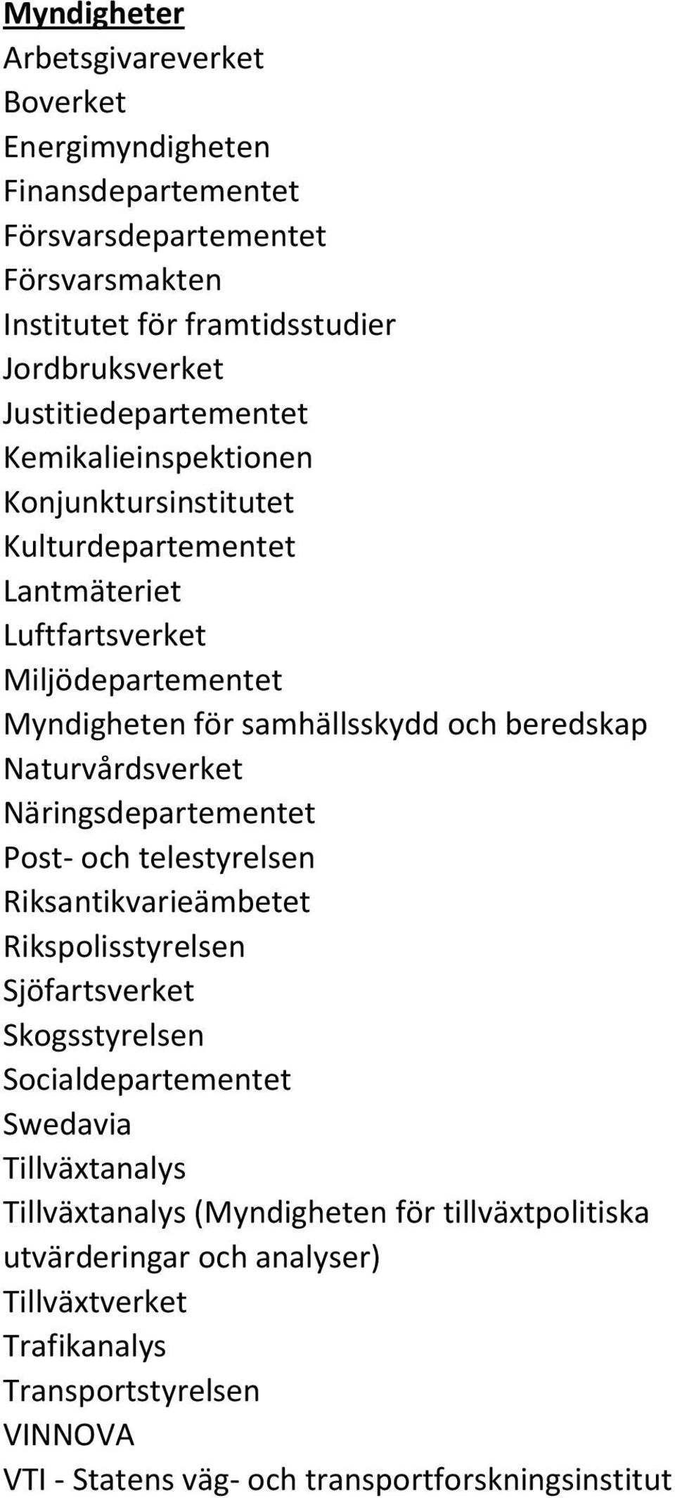 beredskap Naturvårdsverket Näringsdepartementet Post- och telestyrelsen Riksantikvarieämbetet Rikspolisstyrelsen Sjöfartsverket Skogsstyrelsen Socialdepartementet Swedavia