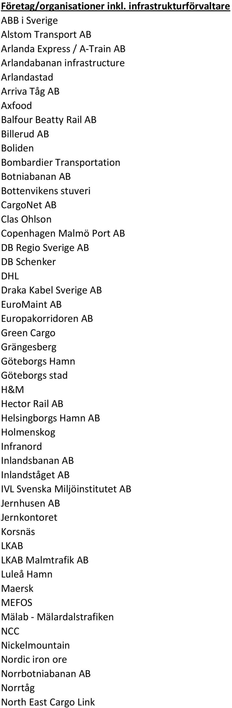 Bombardier Transportation Botniabanan AB Bottenvikens stuveri CargoNet AB Clas Ohlson Copenhagen Malmö Port AB DB Regio Sverige AB DB Schenker DHL Draka Kabel Sverige AB EuroMaint AB