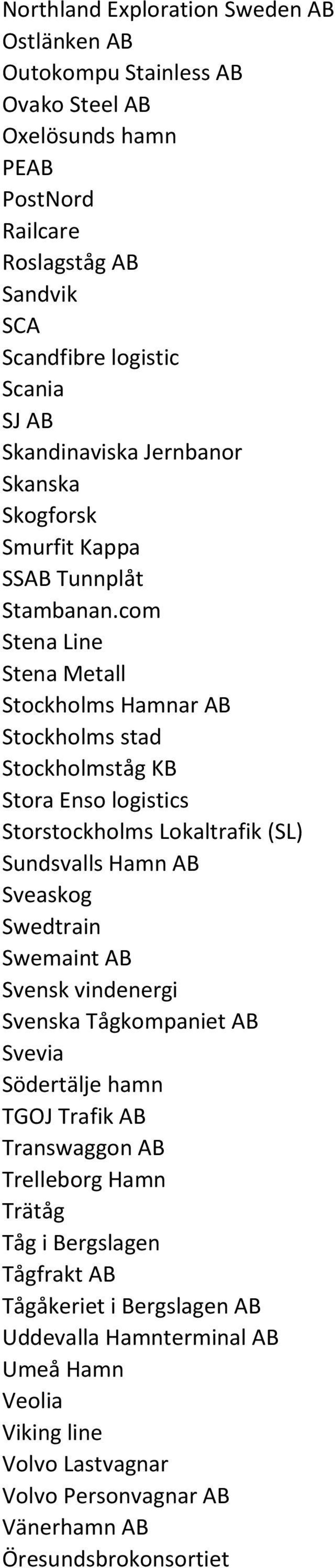 com Stena Line Stena Metall Stockholms Hamnar AB Stockholms stad Stockholmståg KB Stora Enso logistics Storstockholms Lokaltrafik (SL) Sundsvalls Hamn AB Sveaskog Swedtrain Swemaint AB