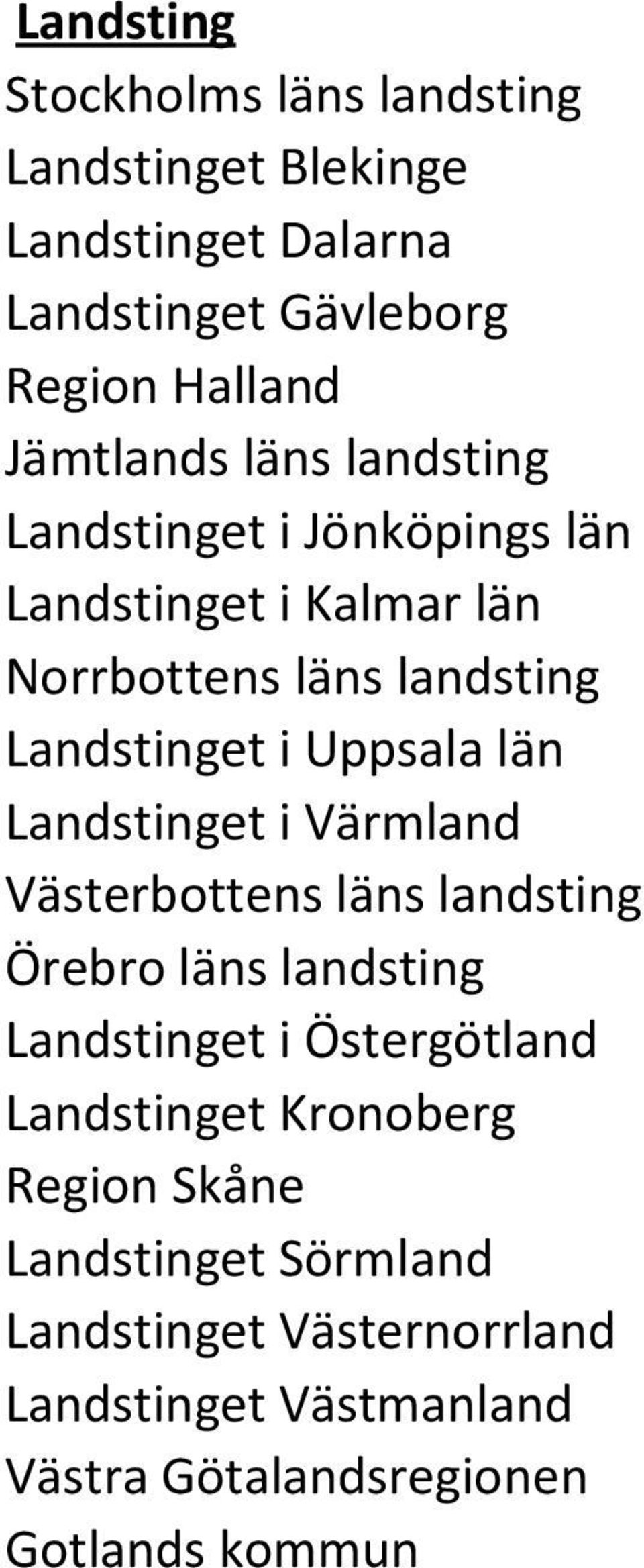 Landstinget i Värmland Västerbottens läns landsting Örebro läns landsting Landstinget i Östergötland Landstinget Kronoberg