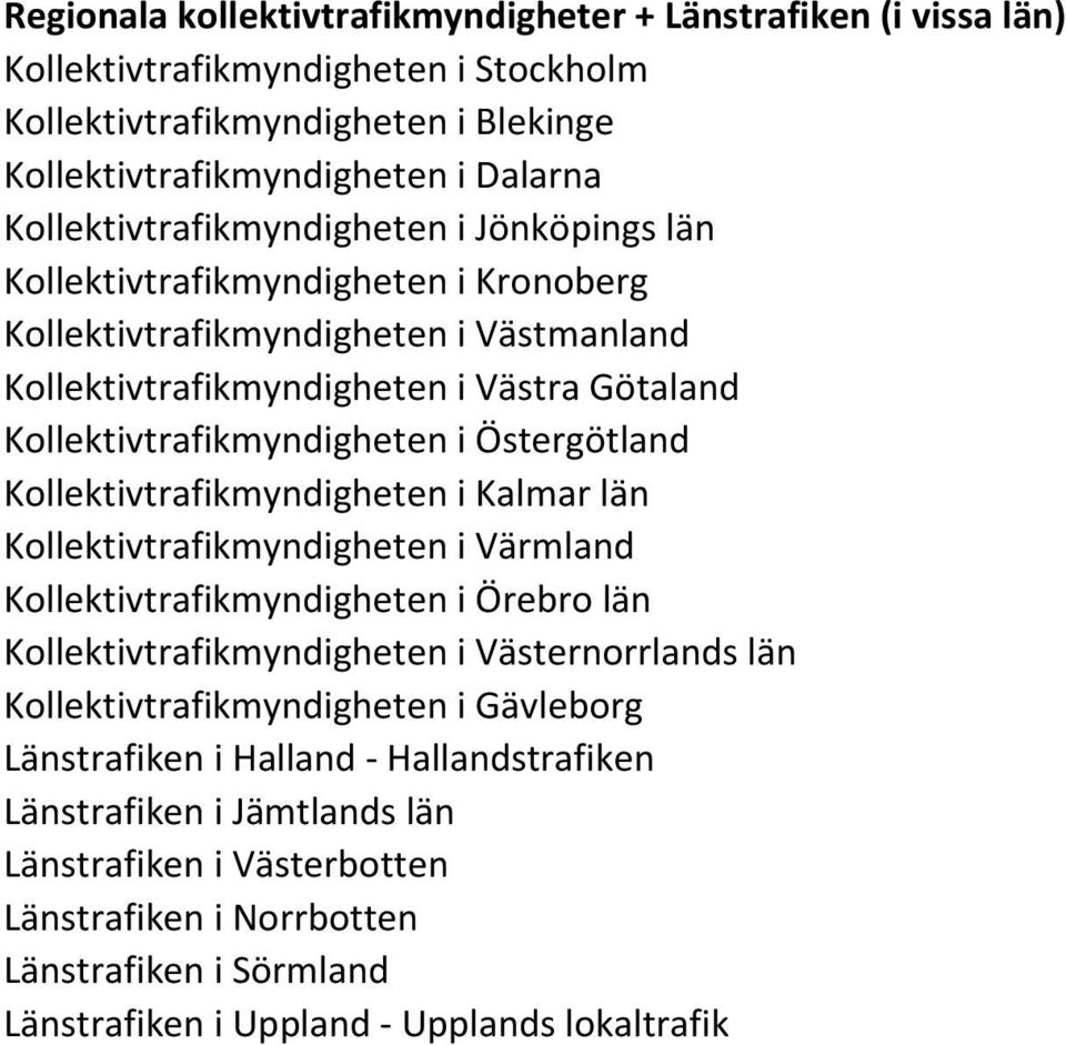 Östergötland Kollektivtrafikmyndigheten i Kalmar län Kollektivtrafikmyndigheten i Värmland Kollektivtrafikmyndigheten i Örebro län Kollektivtrafikmyndigheten i Västernorrlands län