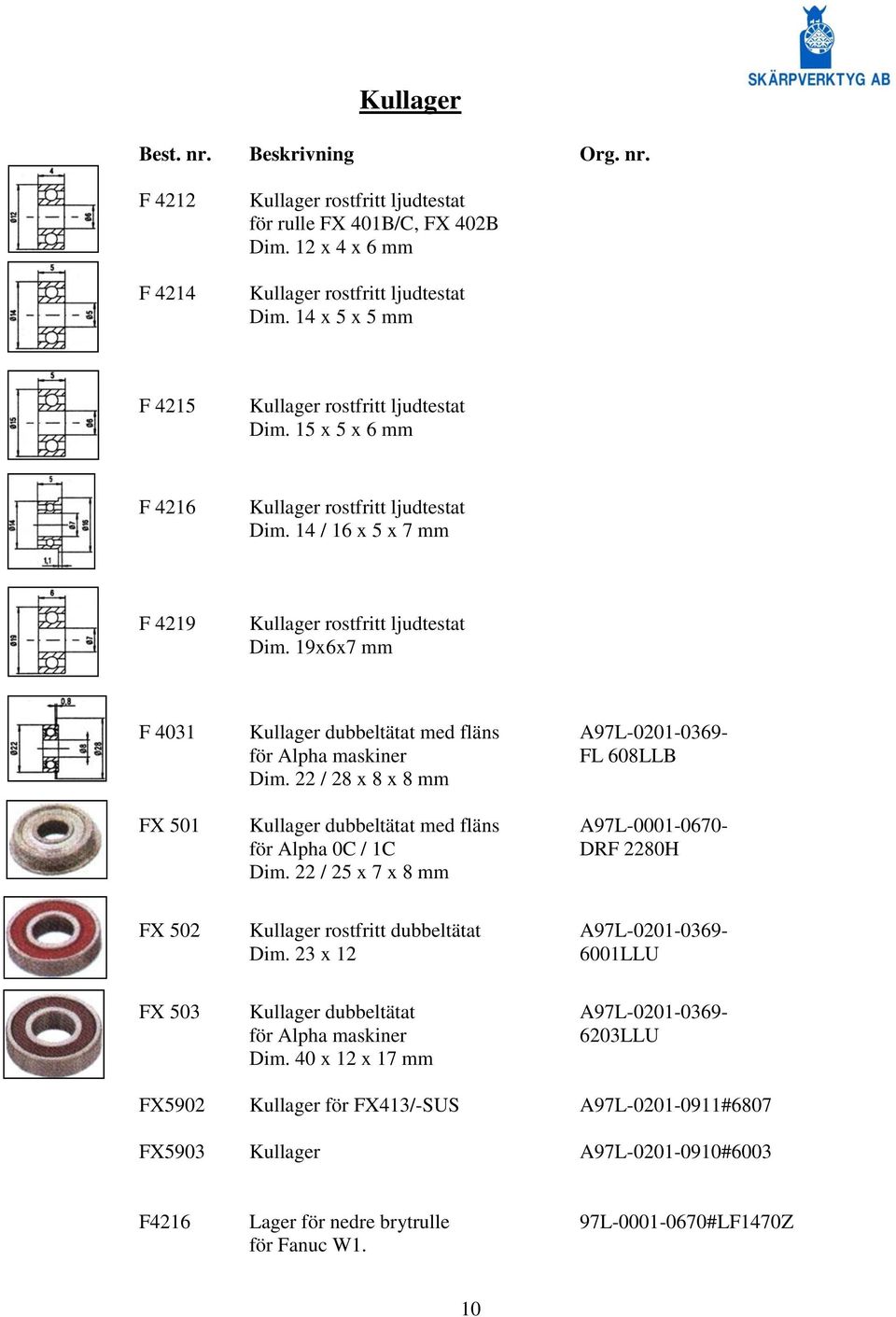 19x6x7 mm F 4031 Kullager dubbeltätat med fläns A97L-0201-0369- för Alpha maskiner FL 608LLB Dim.