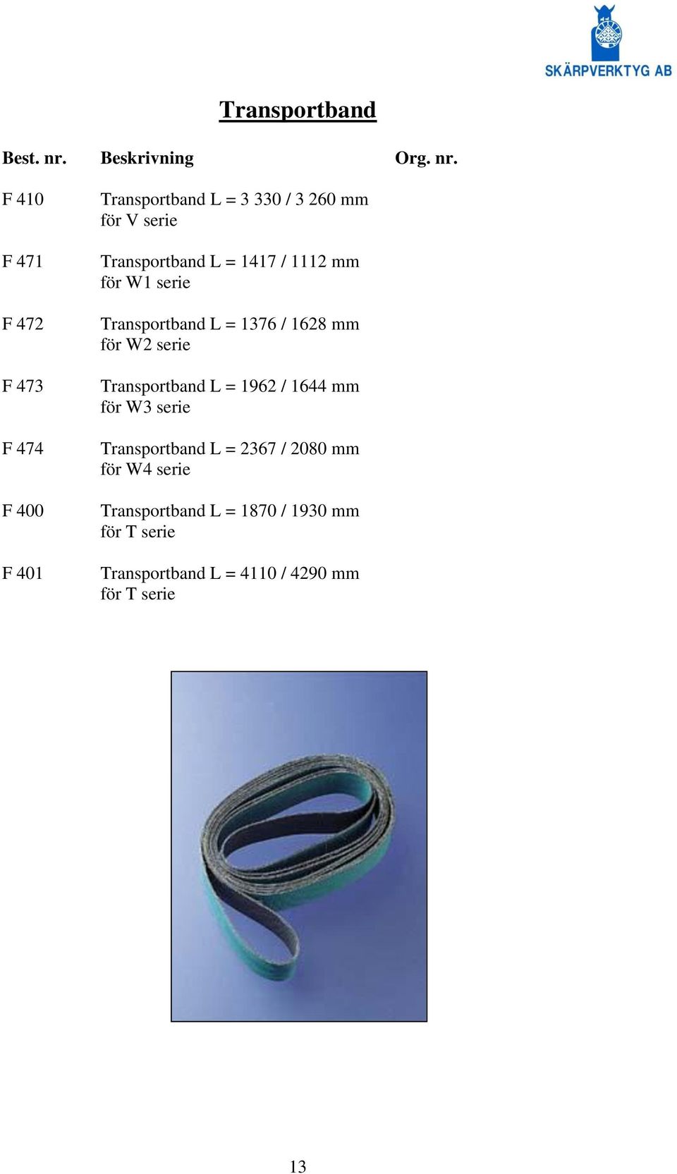 F 410 F 471 F 472 F 473 F 474 F 400 F 401 Transportband L = 3 330 / 3 260 mm för V serie Transportband