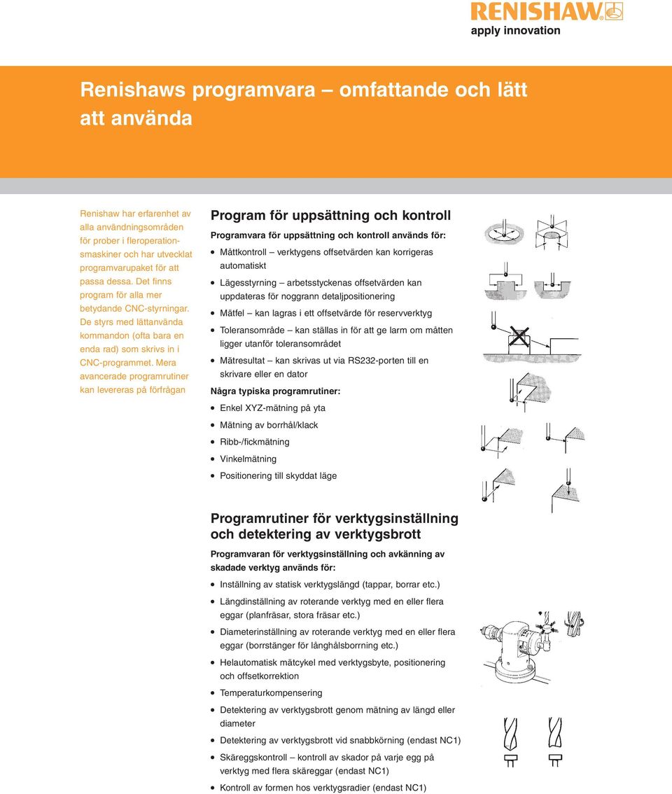 Mera avancerade programrutiner kan levereras på förfrågan Program för uppsättning och kontroll Programvara för uppsättning och kontroll används för: Måttkontroll verktygens offsetvärden kan