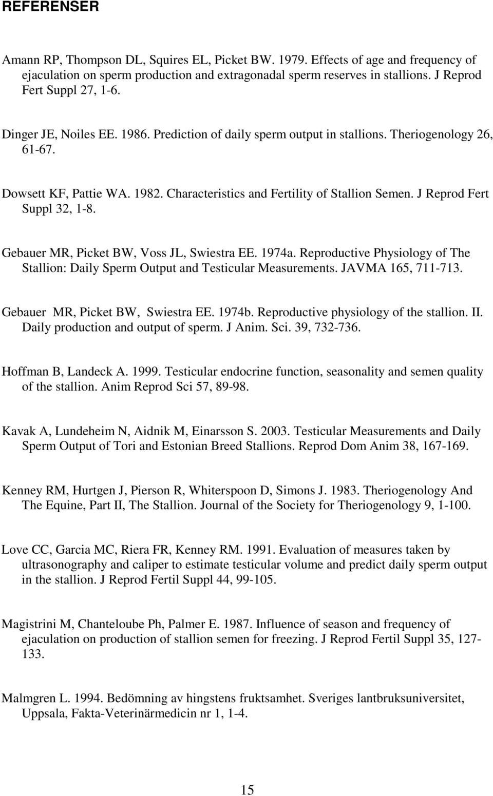 Characteristics and Fertility of Stallion Semen. J Reprod Fert Suppl 32, 1-8. Gebauer MR, Picket BW, Voss JL, Swiestra EE. 1974a.