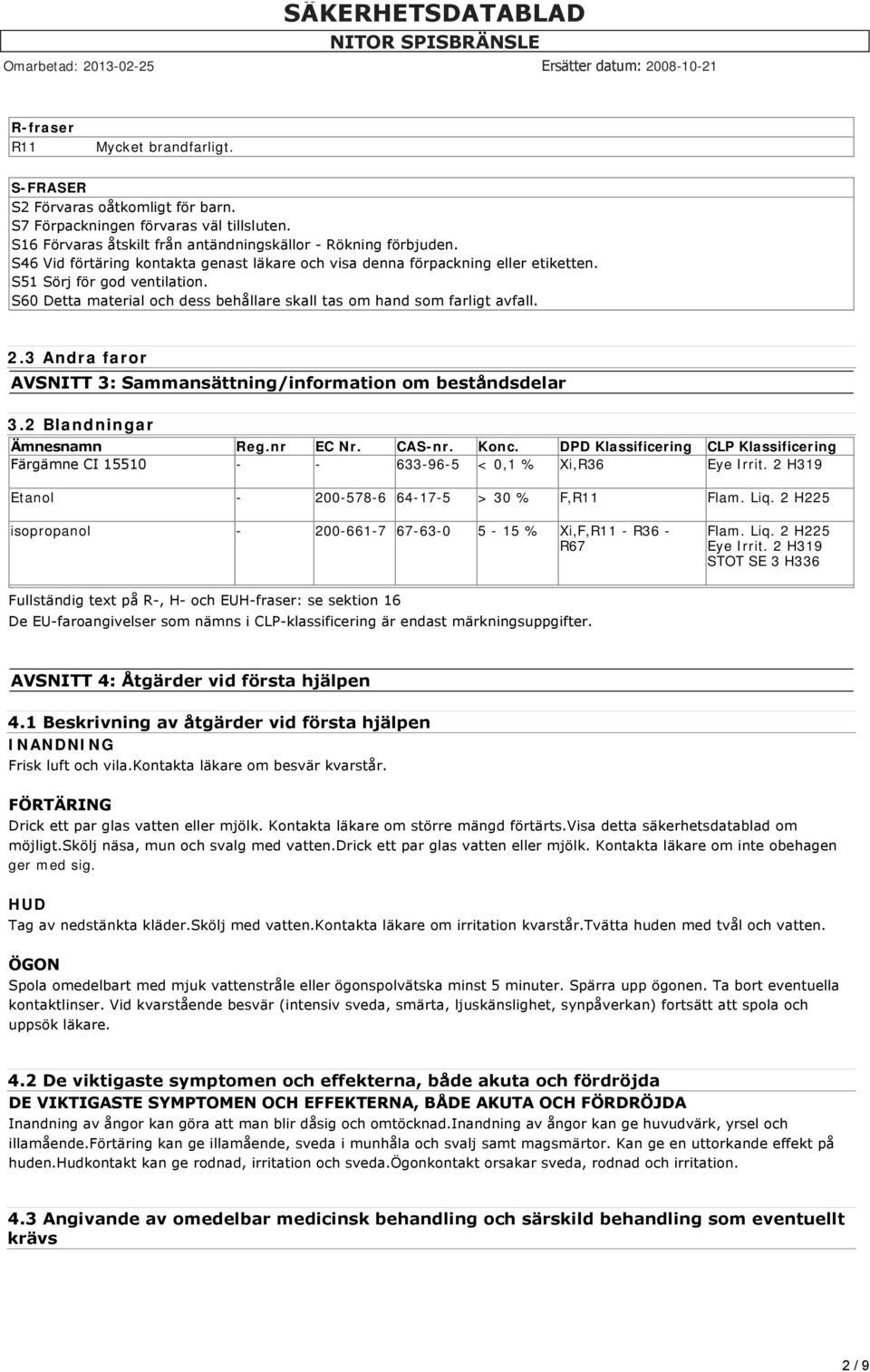 3 Andra faror AVSNITT 3: Sammansättning/information om beståndsdelar 3.2 Blandningar Ämnesnamn Reg.nr EC Nr. CAS-nr. Konc.