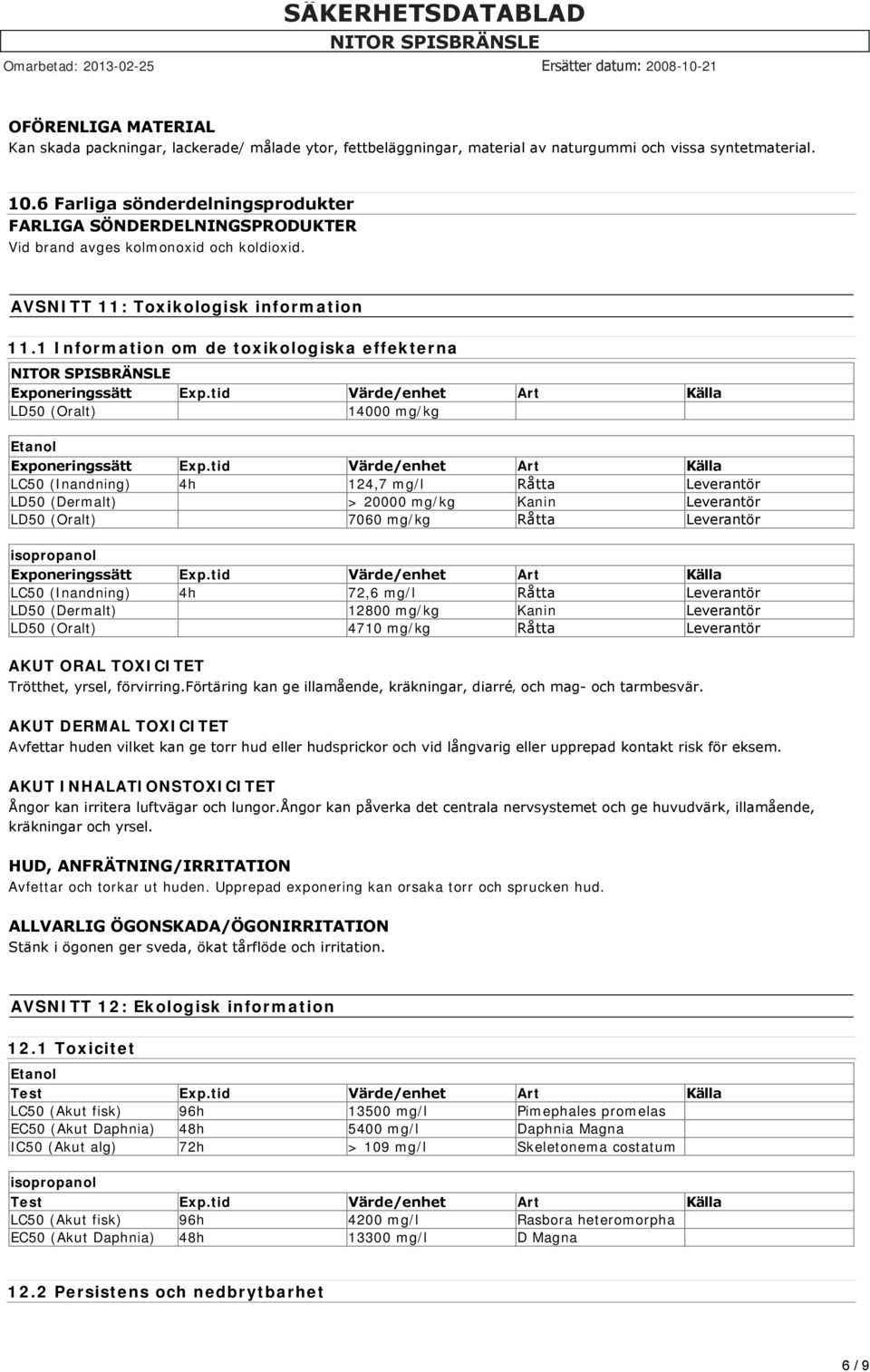 1 Information om de toxikologiska effekterna Exponeringssätt Exp.tid Värde/enhet Art Källa LD50 (Oralt) 14000 mg/kg Etanol Exponeringssätt Exp.