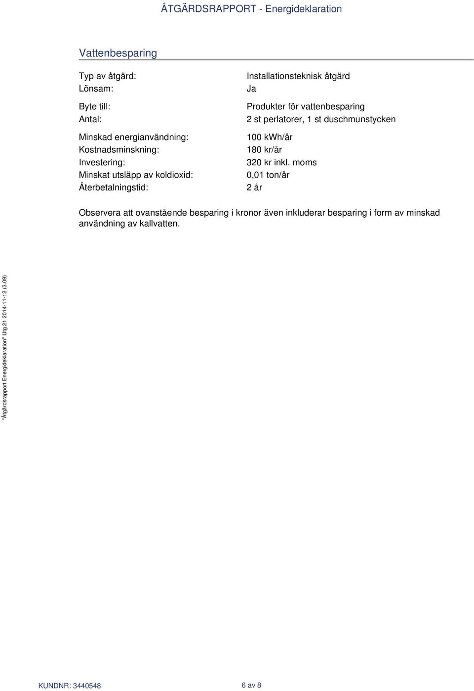 vattenbesparing 2 st perlatorer, 1 st duschmunstycken 100 kwh/år 180 kr/år 320 kr inkl.