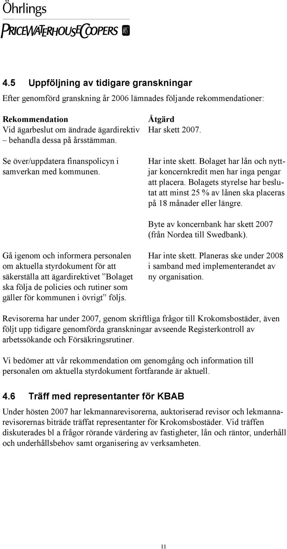 Bolagets styrelse har beslutat att minst 25 % av lånen ska placeras på 18 månader eller längre. Byte av koncernbank har skett 2007 (från Nordea till Swedbank).