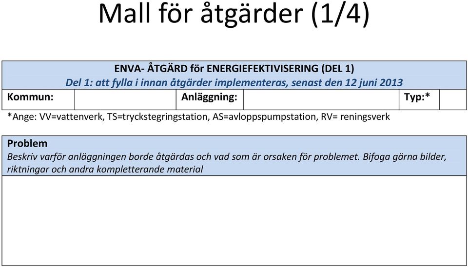 TS=tryckstegringstation, AS=avloppspumpstation, RV= reningsverk Problem Beskriv varför anläggningen