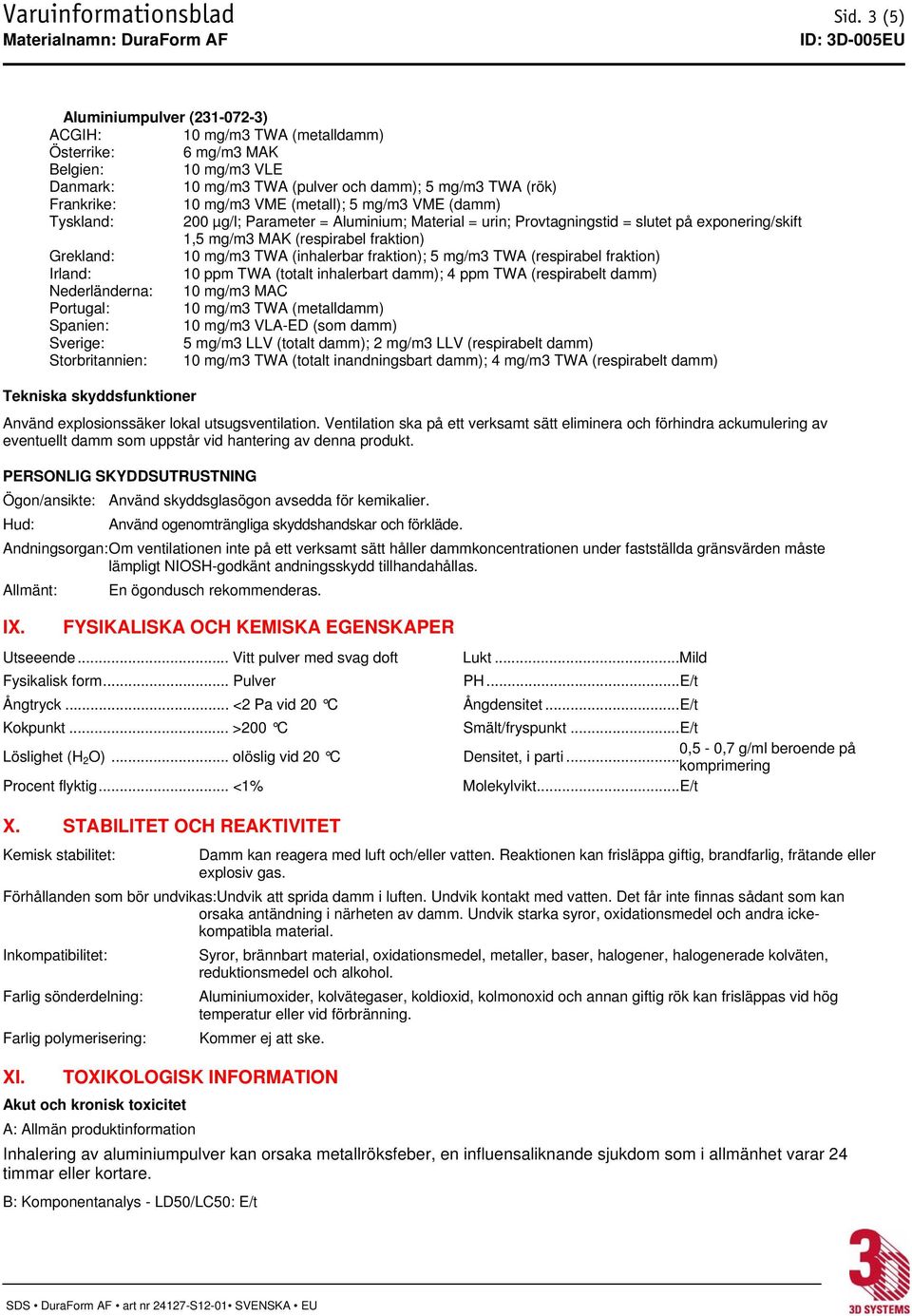 (metall); 5 mg/m3 VME (damm) Tyskland: 200 µg/l; Parameter = Aluminium; Material = urin; Provtagningstid = slutet på exponering/skift 1,5 mg/m3 MAK (respirabel fraktion) Grekland: 10 mg/m3 TWA