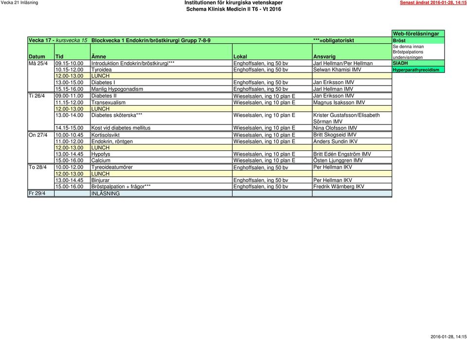 00 Diabetes I Enghoffsalen, ing 50 bv Jan Eriksson IMV 15.15-16.00 Manlig Hypogonadism Enghoffsalen, ing 50 bv Jarl Hellman IMV Ti 26/4 09.00-11.
