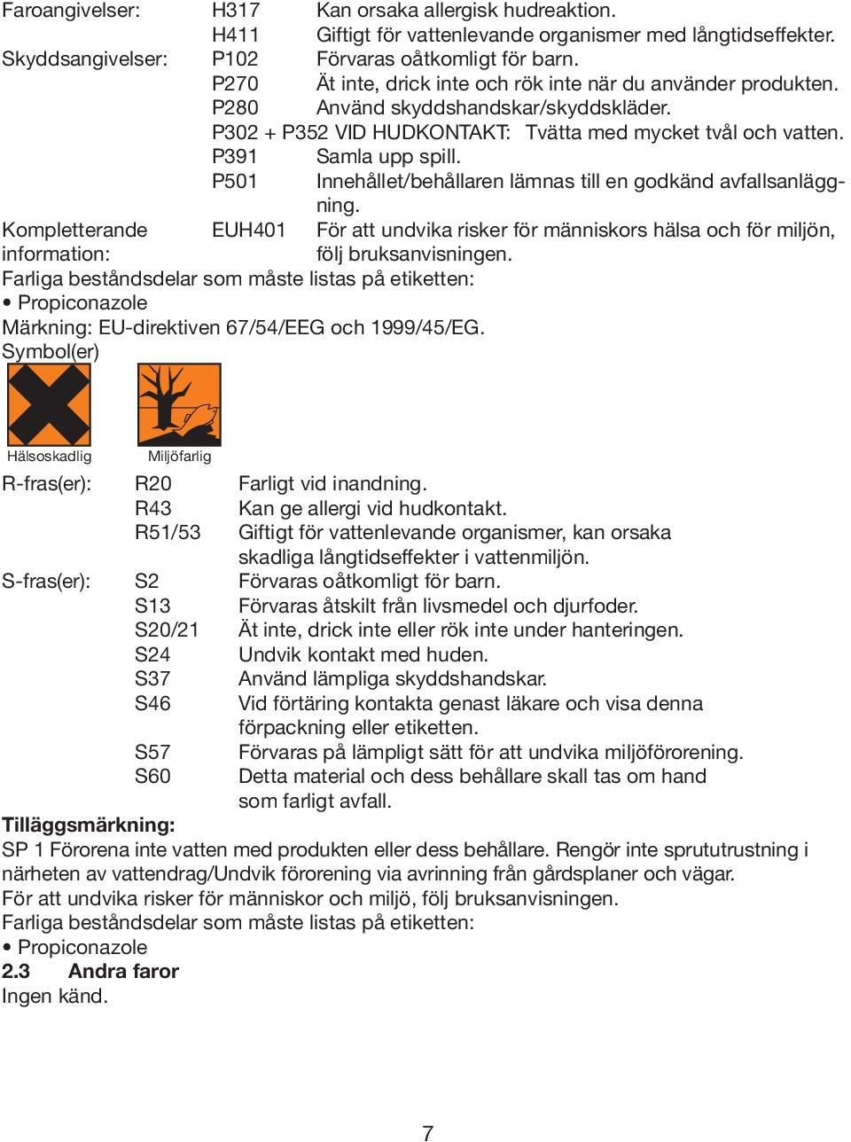 P501 Innehållet/behållaren lämnas till en godkänd avfallsanläggning. Kompletterande EUH401 För att undvika risker för människors hälsa och för miljön, information: följ bruksanvisningen.