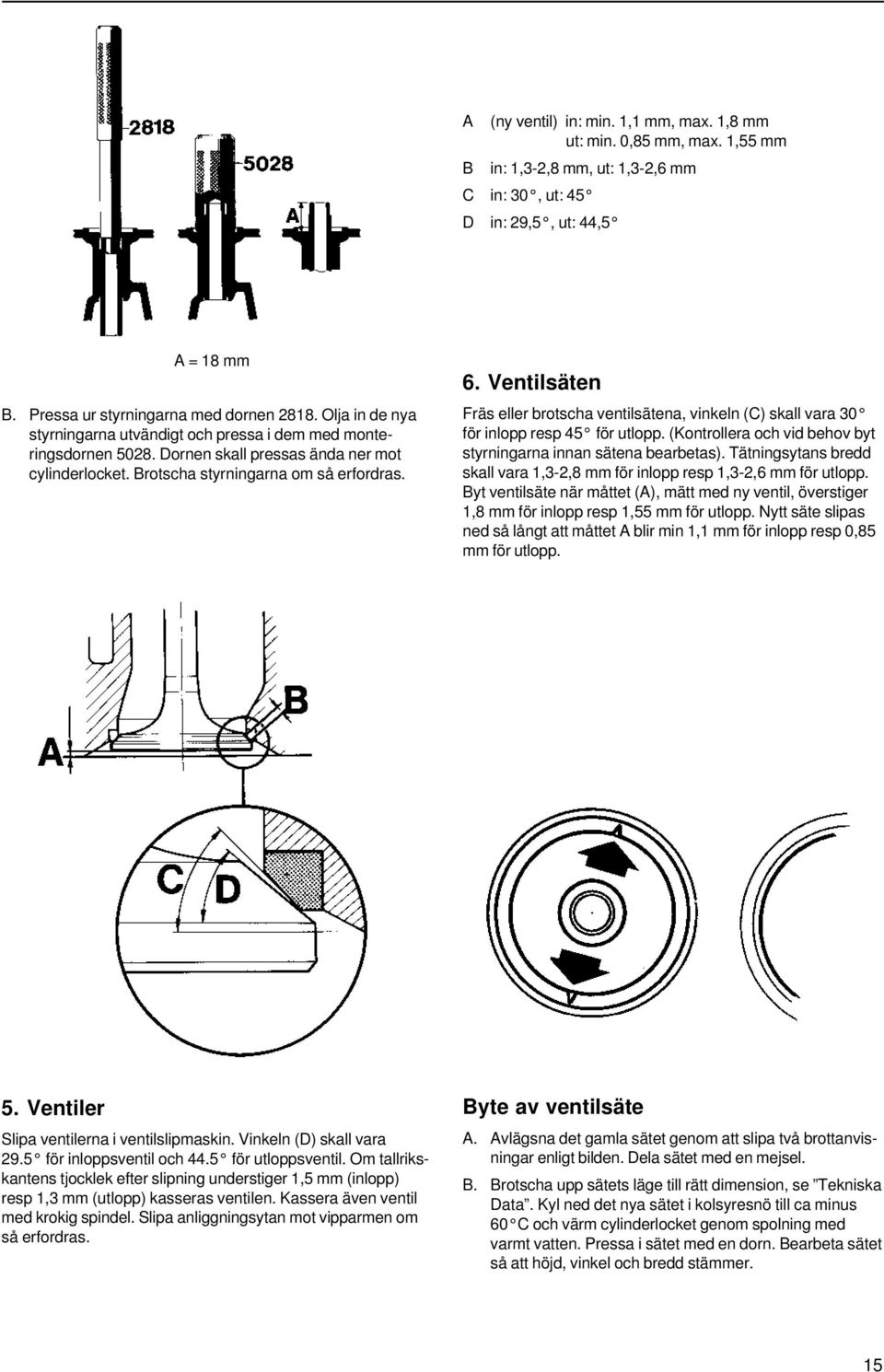 Ventilsäten Fräs eller brotscha ventilsätena, vinkeln (C) skall vara 30 för inlopp resp 45 för utlopp. (Kontrollera och vid behov byt styrningarna innan sätena bearbetas).