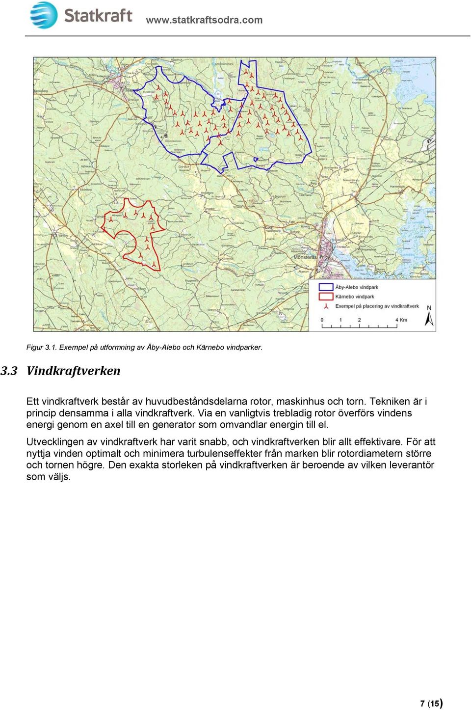 Via en vanligtvis trebladig rotor överförs vindens energi genom en axel till en generator som omvandlar energin till el.