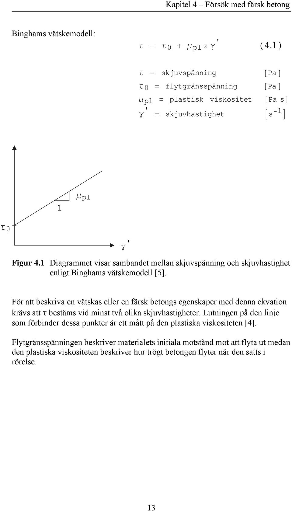 1 Diagrammet visar sambandet mellan skjuvspänning och skjuvhastighet enligt Binghams vätskemodell [5].