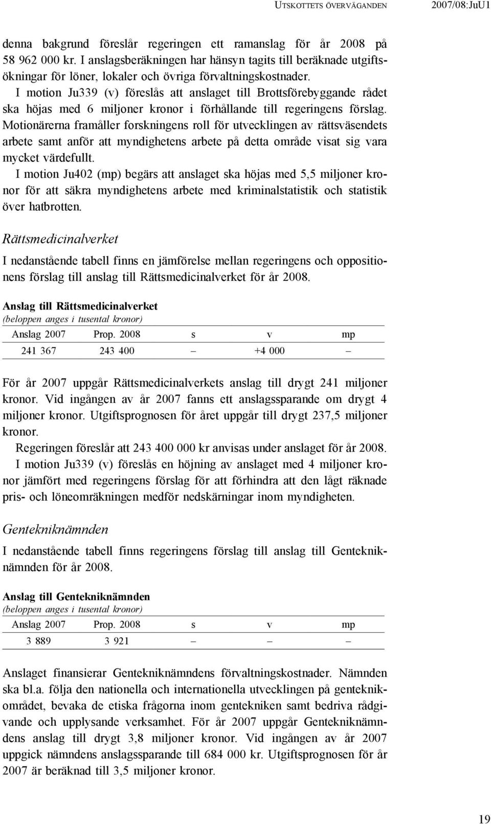 I motion Ju339 (v) föreslås att anslaget till Brottsförebyggande rådet ska höjas med 6 miljoner kronor i förhållande till regeringens förslag.