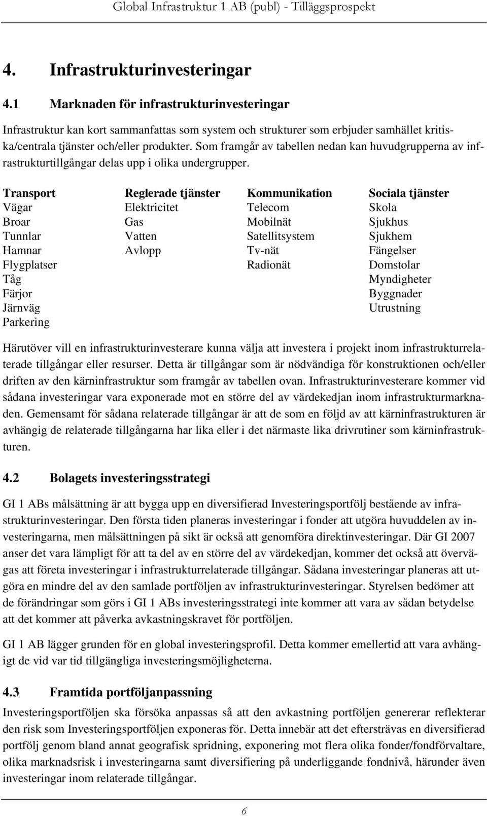 Som framgår av tabellen nedan kan huvudgrupperna av infrastrukturtillgångar delas upp i olika undergrupper.