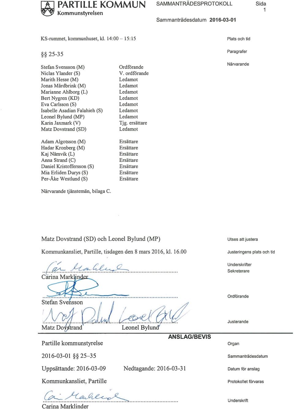 Leonel Bylund (MP) Karin Jaxmark (V) Matz Dovstrand (SD) Adam Algotsson (M) Hadar Kronberg (M) Kaj Nämvik (L) Anna Strand (C) Daniel Kristoffersson (S) Mia Erliden Durys (S) Per-Åke Westlund (S)