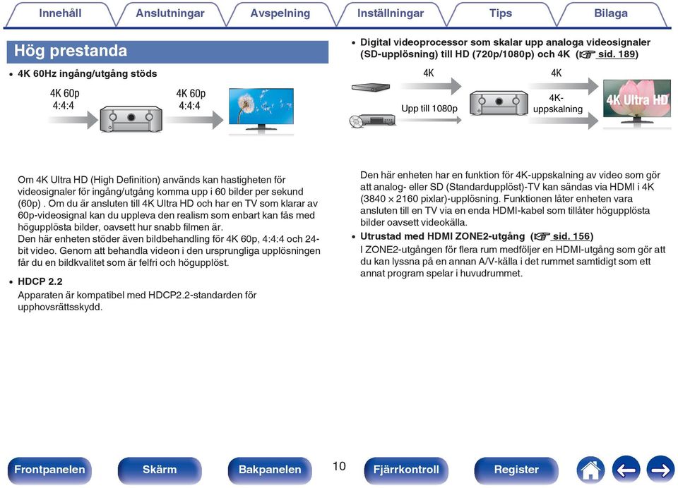 Den här enheten har en funktion för 4K-uppskalning av video som gör att analog- eller SD (Standardupplöst)-TV kan sändas via HDMI i 4K (3840 2160 pixlar)-upplösning.