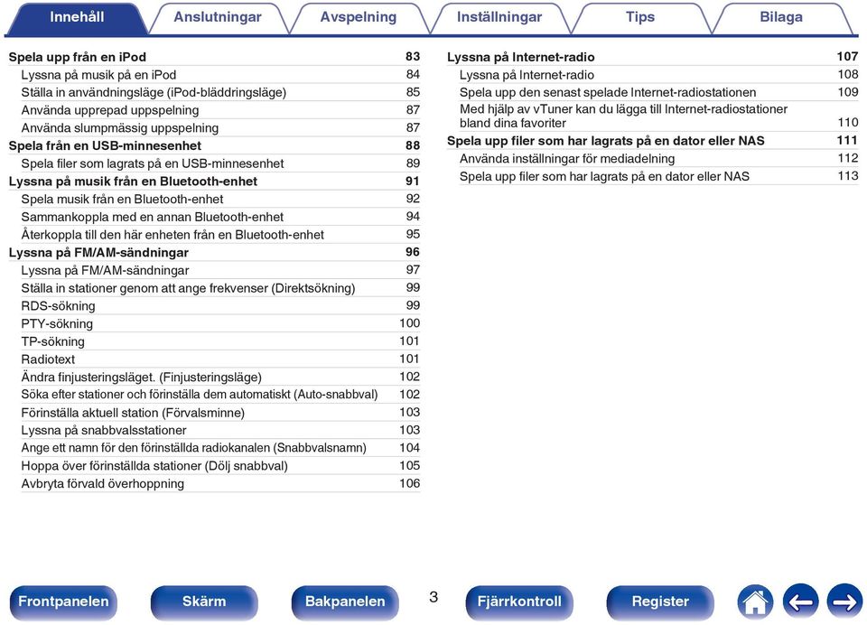 Återkoppla till den här enheten från en Bluetooth-enhet 95 Lyssna på FM/AM-sändningar 96 Lyssna på FM/AM-sändningar 97 Ställa in stationer genom att ange frekvenser (Direktsökning) 99 RDS-sökning 99