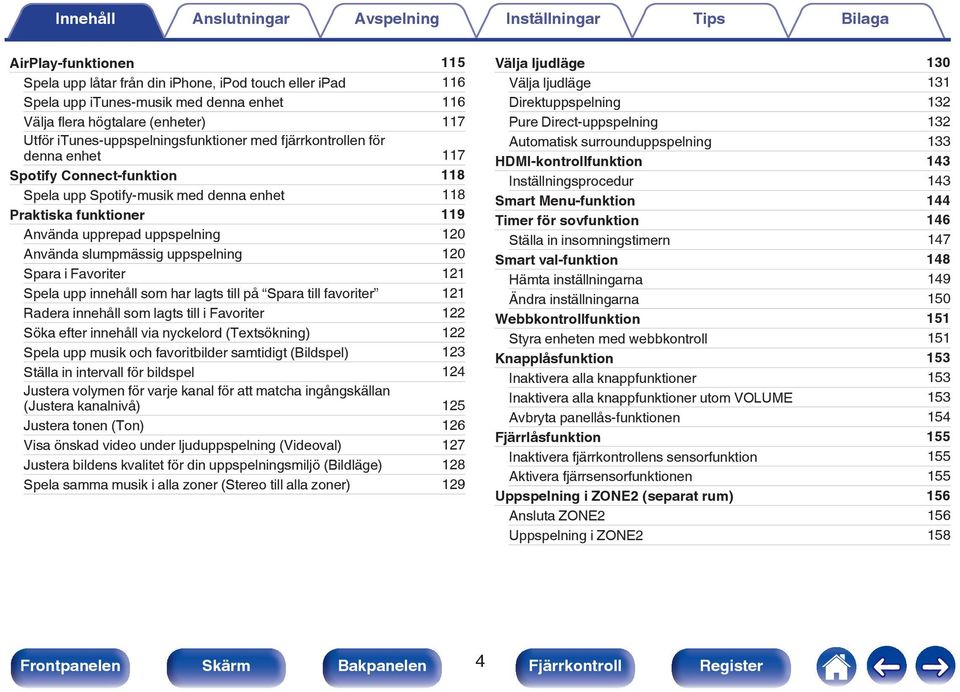 uppspelning 120 Spara i Favoriter 121 Spela upp innehåll som har lagts till på Spara till favoriter 121 Radera innehåll som lagts till i Favoriter 122 Söka efter innehåll via nyckelord (Textsökning)