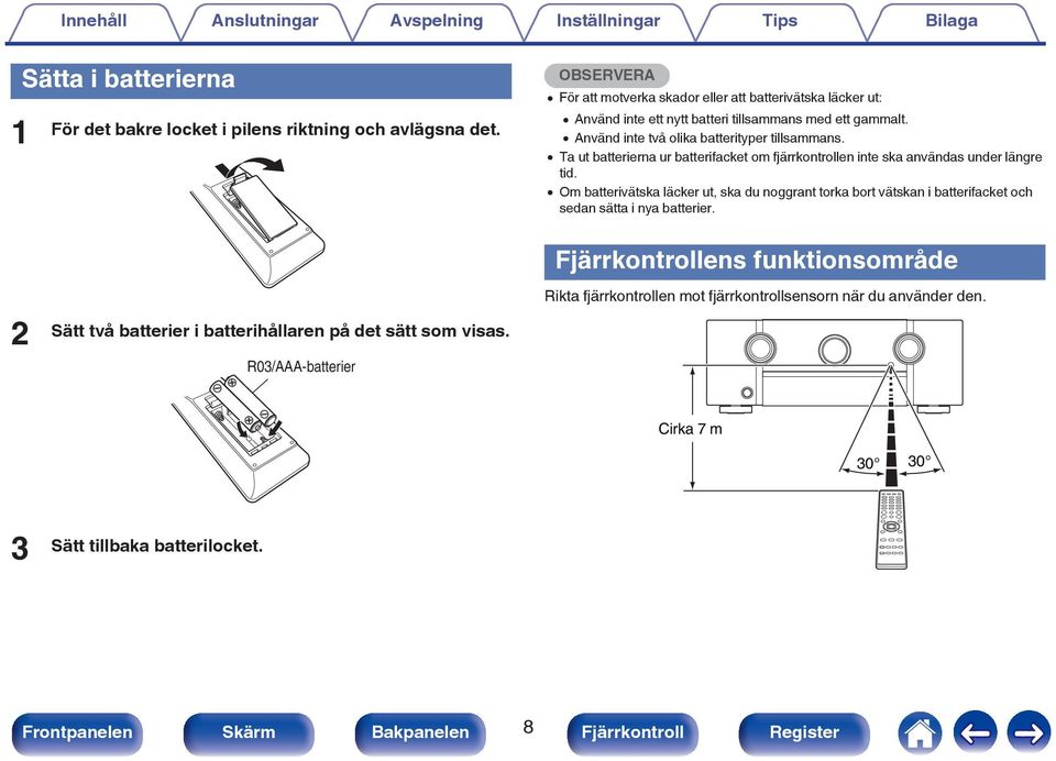 0 Ta ut batterierna ur batterifacket om fjärrkontrollen inte ska användas under längre tid.