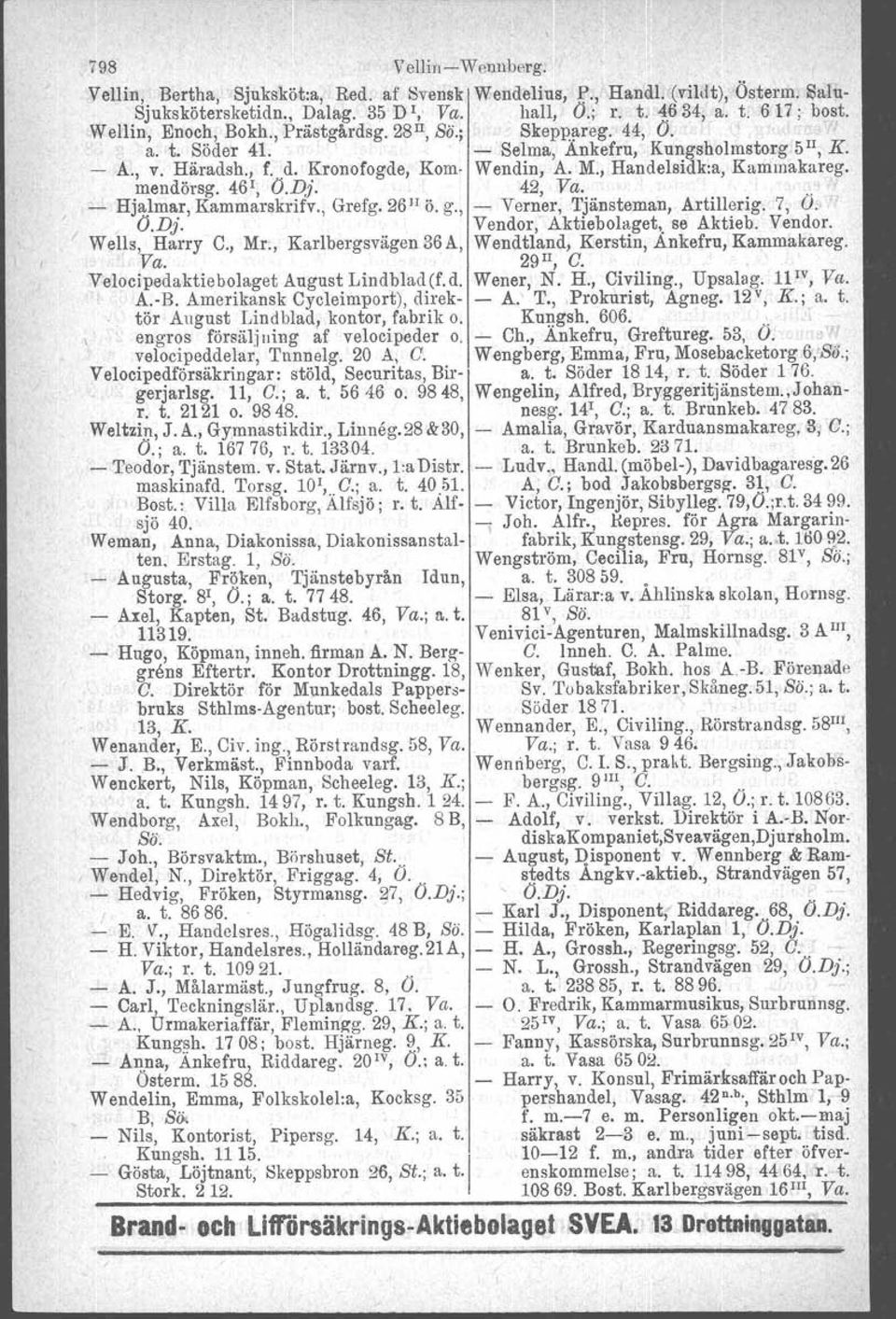 , Handelsidk:a, Kammakareg. mendörsg. 46r, O.Dj. 42, Va.. Hjalmar, Kammarskrifv., Grefg. 26" Ö. g., Verner, Tjänsteman, Artillerig. 7, O. O.Dj. Vendor, Aktiebolaget, se Aktieb. Vendor. Wells, Harry C.