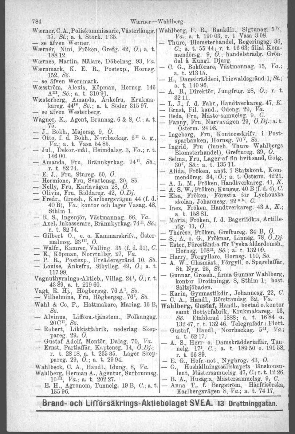 Grön Wlllrnes, Martin, Målare, Döbelnsg. 93, Va. dal å Kungl. Djurg. 15 v: Wrernmark,..K. E. R., Postexp., Hornsg. C a:;;. ~l~i~~re, Västmannag., a.; l'?f2, Sow. k H Damskrädderi. Triewaldsgränd.