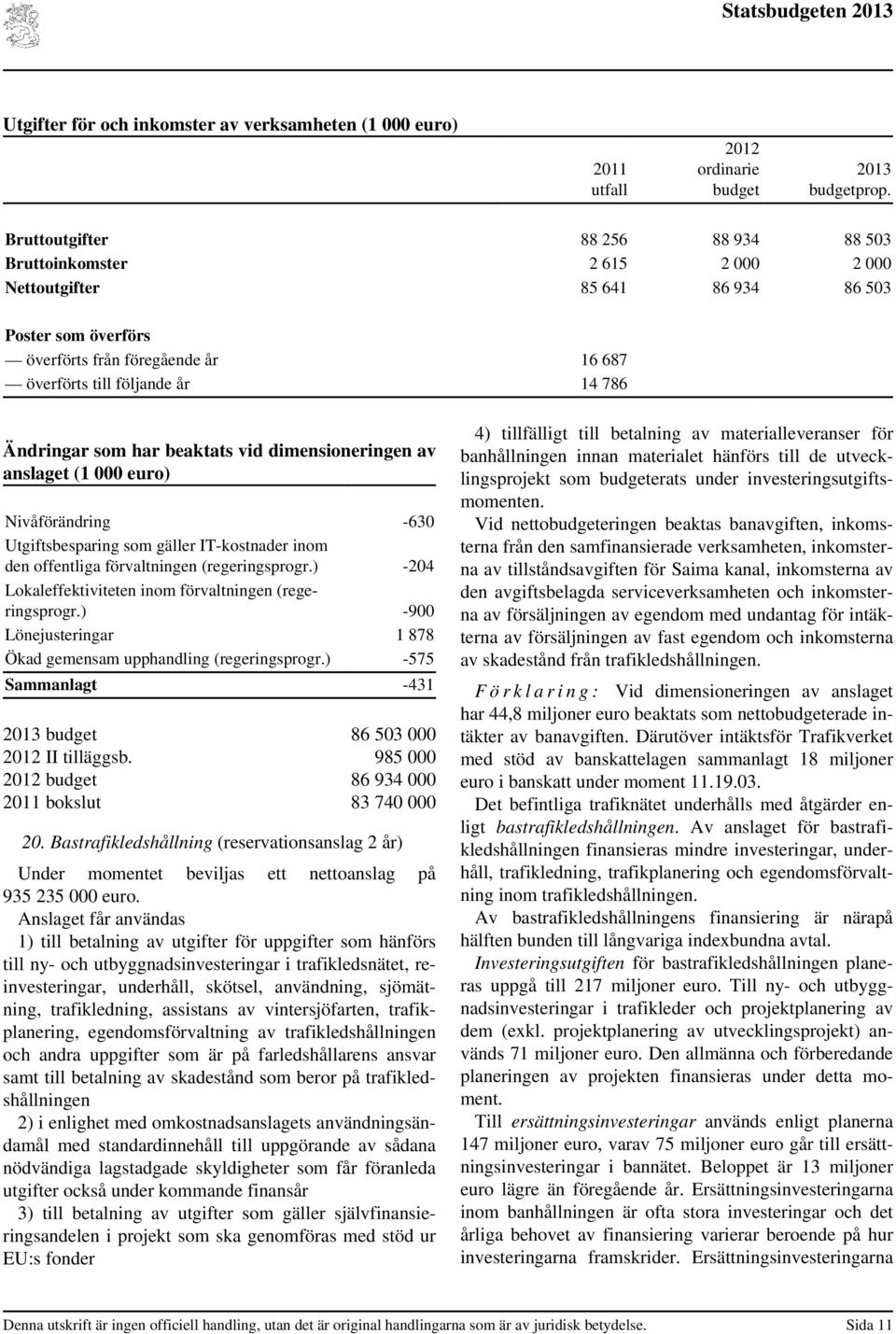 Ändringar som har beaktats vid dimensioneringen av anslaget (1 000 euro) Nivåförändring -630 Utgiftsbesparing som gäller IT-kostnader inom den offentliga förvaltningen (regeringsprogr.