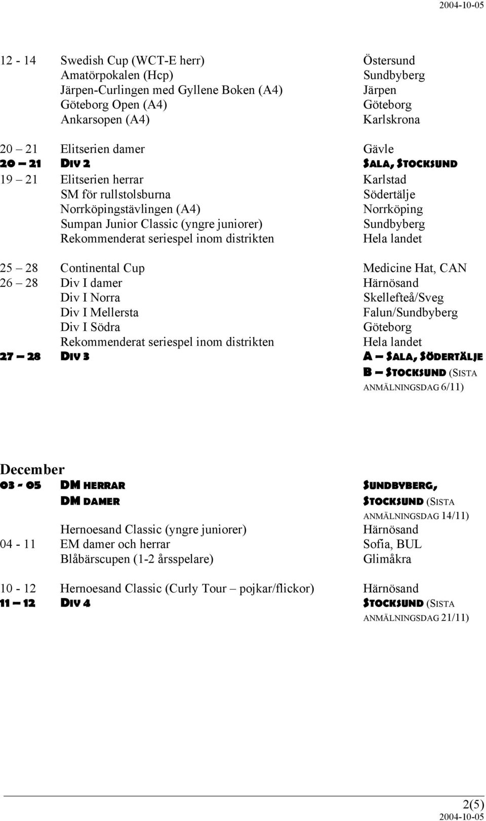 damer Härnösand Div I Norra Skellefteå/Sveg Falun/ Göteborg 27 28 DIV 3 A SALA, SÖDERTÄLJE B STOCKSUND (SISTA ANMÄLNINGSDAG 6/11) December 03-05 DM HERRAR SUNDBYBERG, DM DAMER STOCKSUND (SISTA
