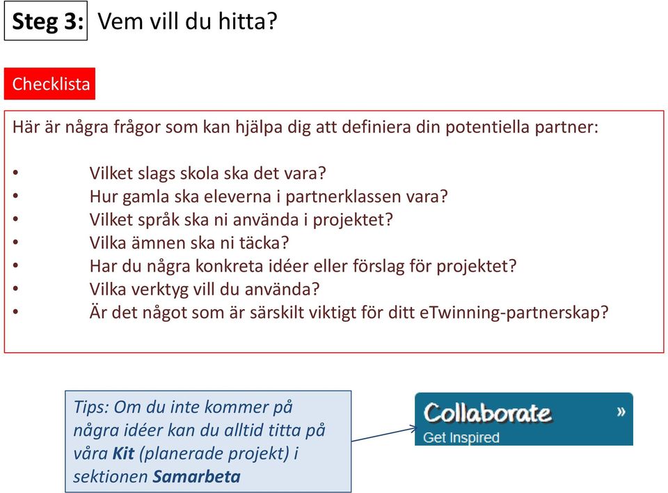 Hur gamla ska eleverna i partnerklassen vara? Vilket språk ska ni använda i projektet? Vilka ämnen ska ni täcka?