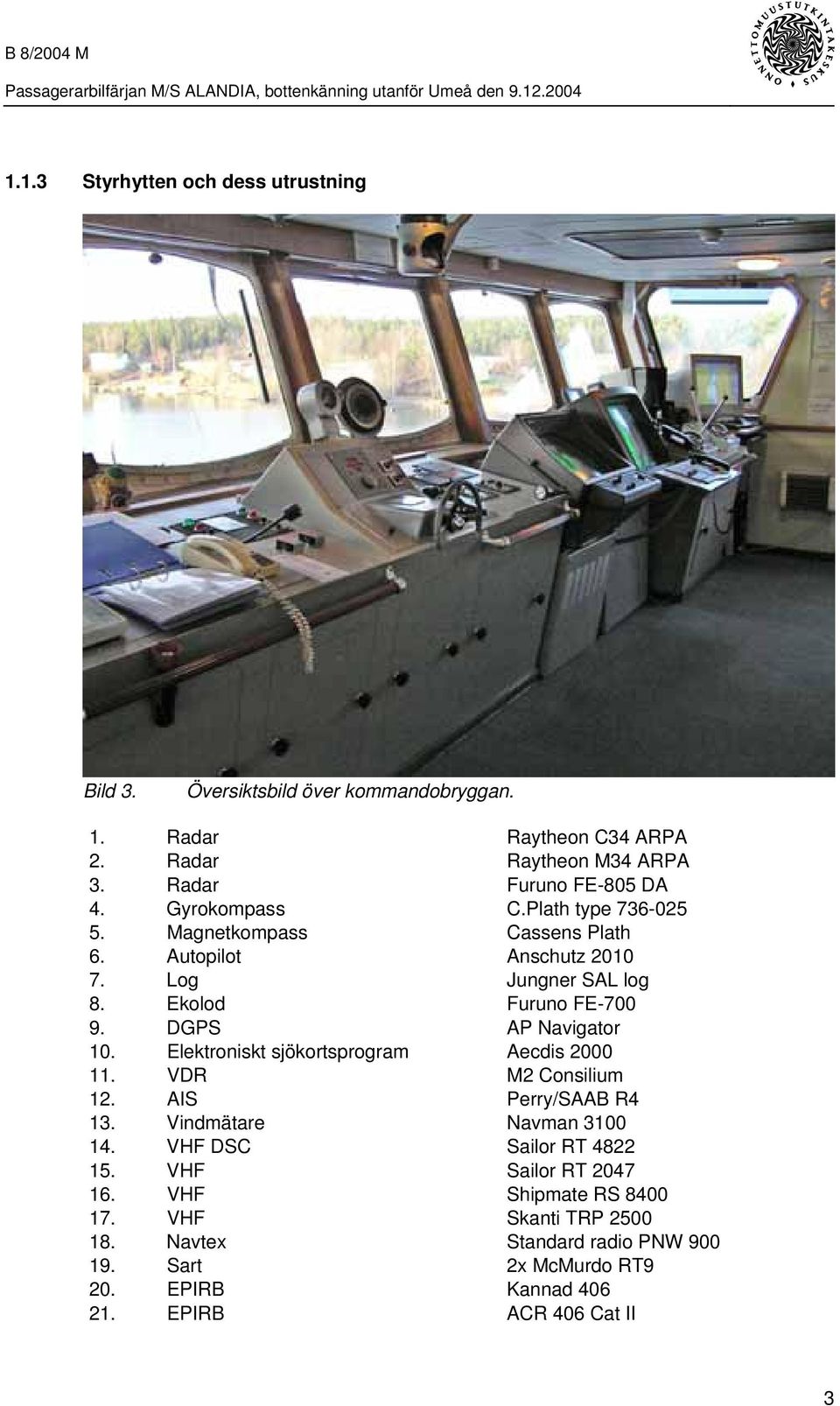 Ekolod Furuno FE-700 9. DGPS AP Navigator 10. Elektroniskt sjökortsprogram Aecdis 2000 11. VDR M2 Consilium 12. AIS Perry/SAAB R4 13. Vindmätare Navman 3100 14.