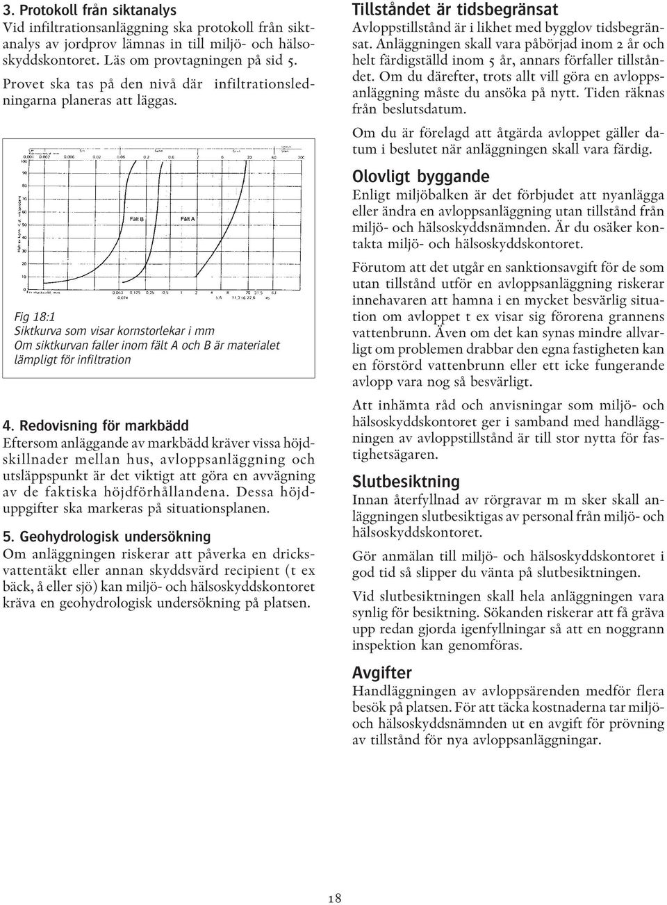 Fig 18:1 Siktkurva som visar kornstorlekar i mm Om siktkurvan faller inom fält A och B är materialet lämpligt för infiltration 4.