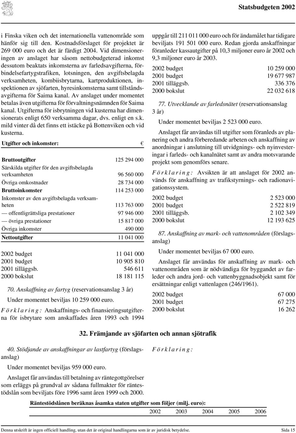 kombiisbrytarna, kartproduktionen, inspektionen av sjöfarten, hyresinkomsterna samt tillståndsavgifterna för Saima kanal.