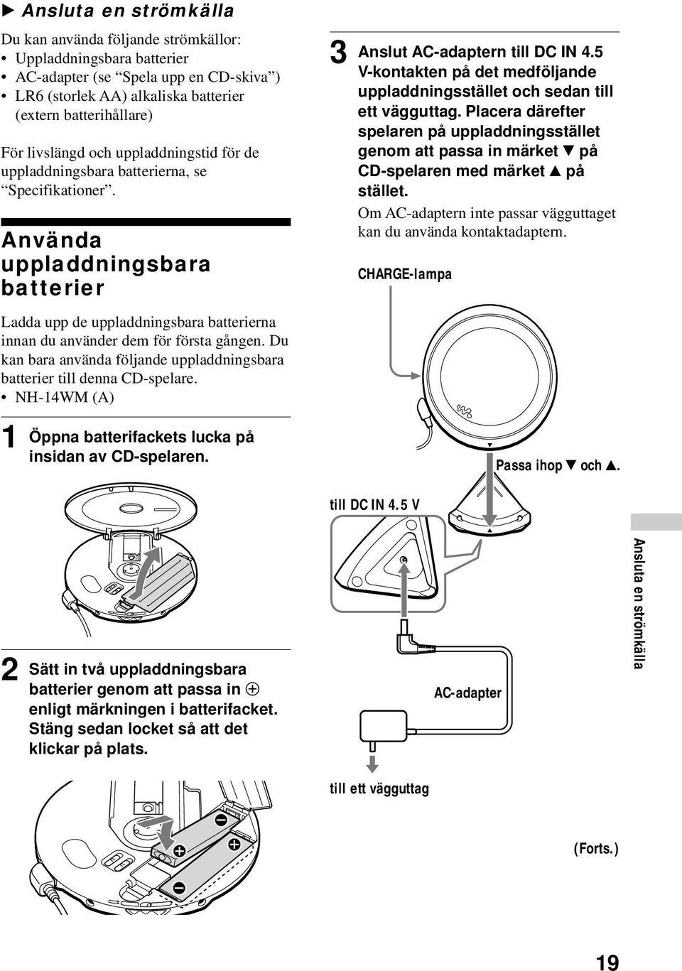 Använda uppladdningsbara batterier Ladda upp de uppladdningsbara batterierna innan du använder dem för första gången. Du kan bara använda följande uppladdningsbara batterier till denna CD-spelare.