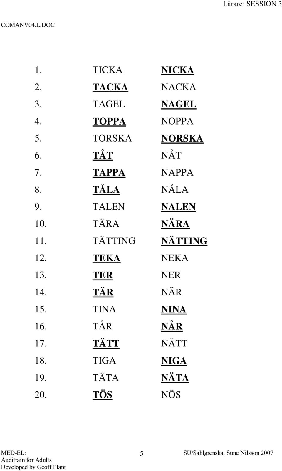 TALEN NALEN 10. TÄRA NÄRA 11. TÄTTING NÄTTING 12. TEKA NEKA 13. TER NER 14.