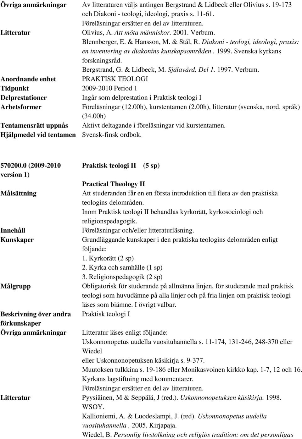 Svenska kyrkans forskningsråd. Bergstrand, G. & Lidbeck, M. Själavård, Del 1. 1997. Verbum. Tidpunkt 2009-2010 Period 1 Delprestationer Ingår som delprestation i Praktisk teologi I Föreläsningar (12.