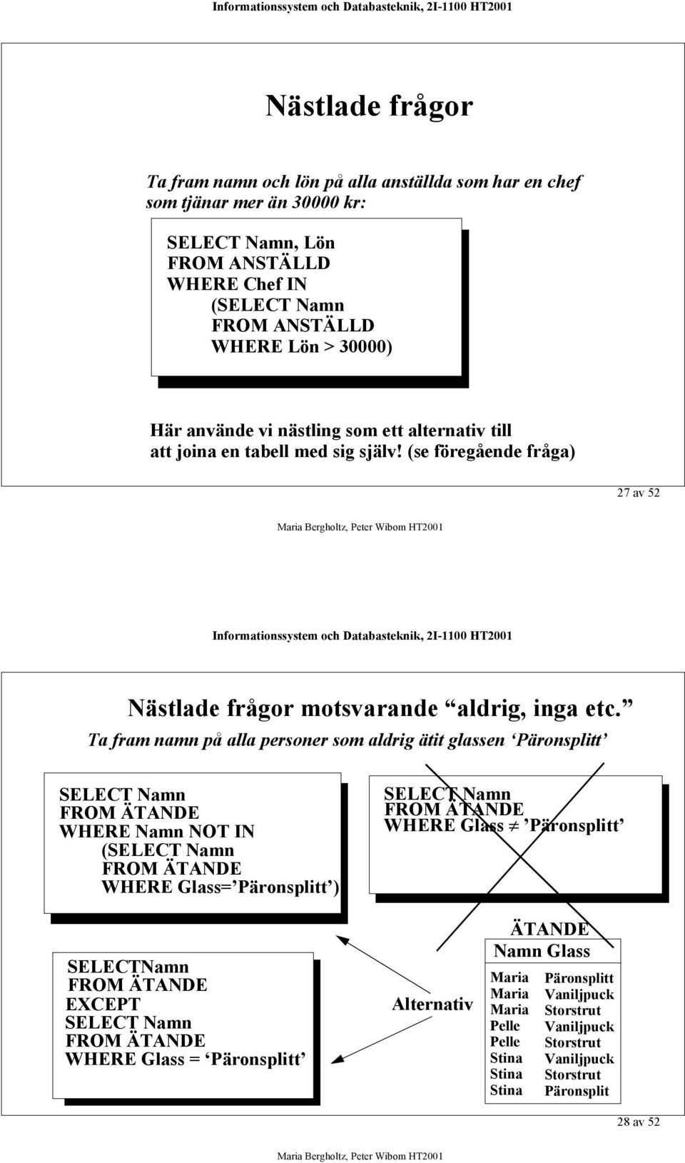 (se föregående fråga) 27 av 52 Nästlade frågor motsvarande aldrig, inga etc.