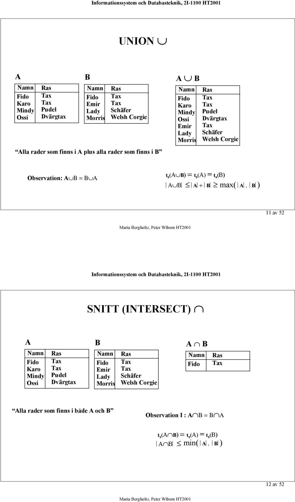 = t s (B) A B A + B max( A, B ) 11 av 52 SNITT (INTERSECT) A Fido Karo Mindy Ossi Ras Pudel Dvärgtax B Fido Emir Lady Morris Ras Schäfer