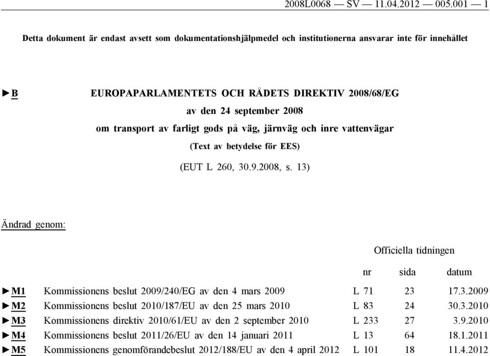 transport av farligt gods på väg, järnväg och inre vattenvägar (Text av betydelse för EES) (EUT L 260, 30.9.2008, s.