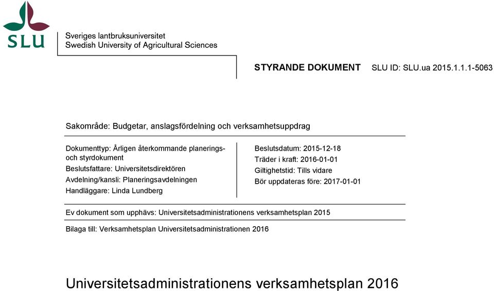 Beslutsfattare: Universitetsdirektören Avdelning/kansli: Planeringsavdelningen Handläggare: Linda Lundberg Beslutsdatum: 2015-12-18 Träder i
