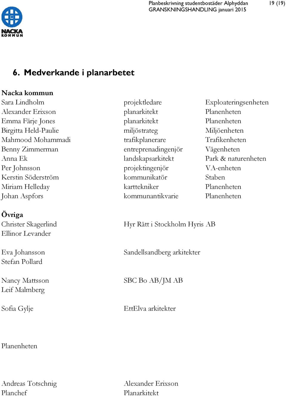 miljöstrateg Miljöenheten Mahmood Mohammadi trafikplanerare Trafikenheten Benny Zimmerman entreprenadingenjör Vägenheten Anna Ek landskapsarkitekt Park & naturenheten Per Johnsson projektingenjör