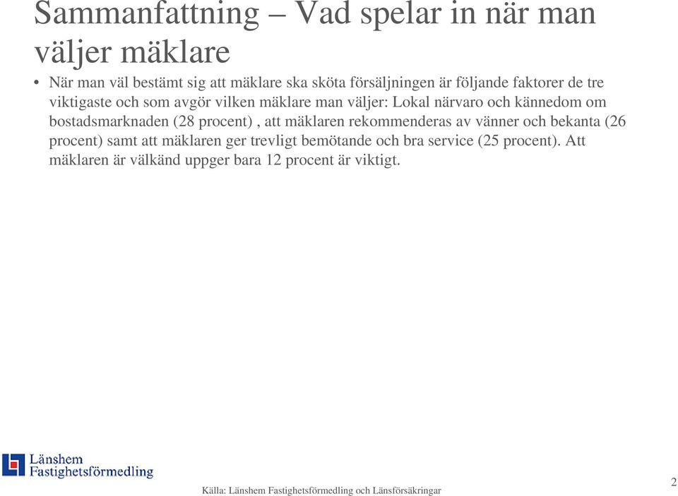 och kännedom om bostadsmarknaden (8 procent), att mäklaren rekommenderas av vänner och bekanta (6 procent)