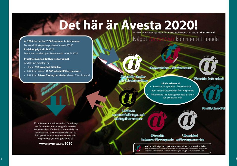 Något fantastiskt kommer att hända Projektet Avesta 2020 har tre huvudmål: År 2015 ska projektet ha: skapat 350 nya arbetstillfällen lett till att nästan 10 000 arbetstillfällen bevarats lett till