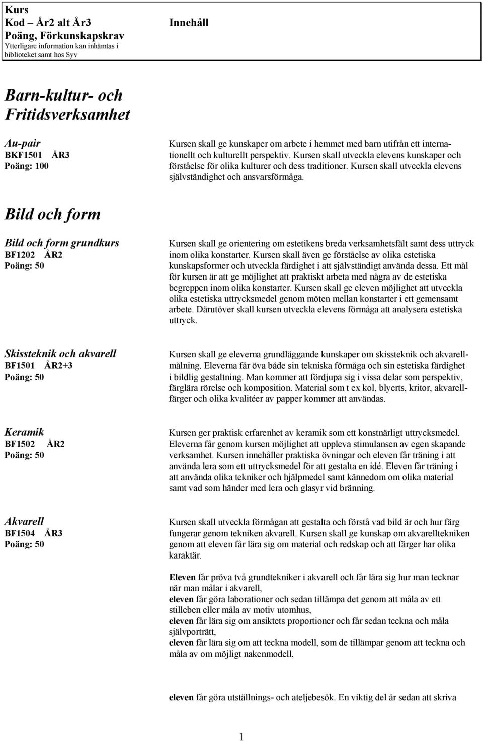 Bild och form Bild och form grundkurs Kursen skall ge orientering om estetikens breda verksamhetsfält samt dess uttryck BF1202 ÅR2 inom olika konstarter.