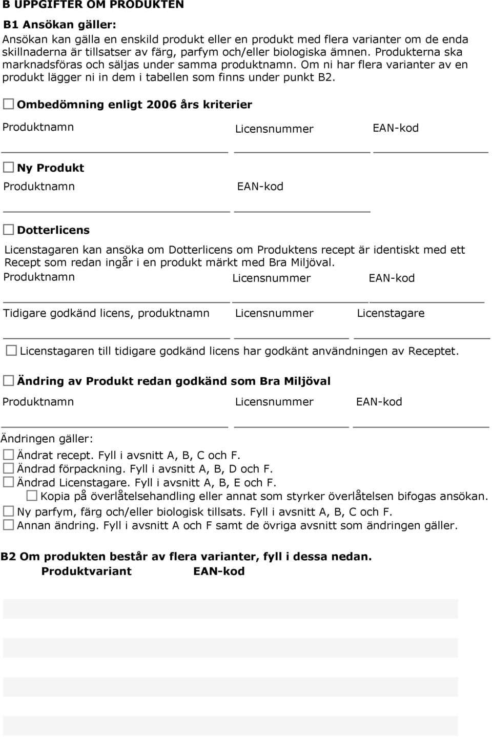 Ombedömning enligt 2006 års kriterier Produktnamn Licensnummer EAN-kod Ny Produkt Produktnamn EAN-kod Dotterlicens Licenstagaren kan ansöka om Dotterlicens om Produktens recept är identiskt med ett