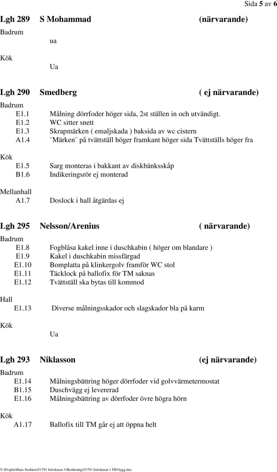 6 Indikeringsrör ej monterad Mellanhall A1.7 Doslock i hall åtgärdas ej Lgh 295 Nelsson/Arenius ( närvarande) E1.8 Fogblåsa kakel inne i duschkabin ( höger om blandare ) E1.