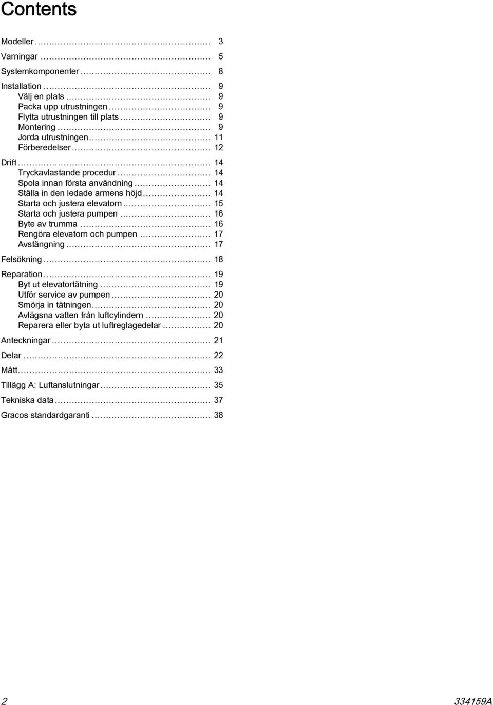 .. 15 Starta och justera pumpen... 16 Byte av trumma... 16 Rengöra elevatorn och pumpen... 17 Avstängning... 17 Felsökning... 18 Reparation... 19 Byt ut elevatortätning... 19 Utför service av pumpen.
