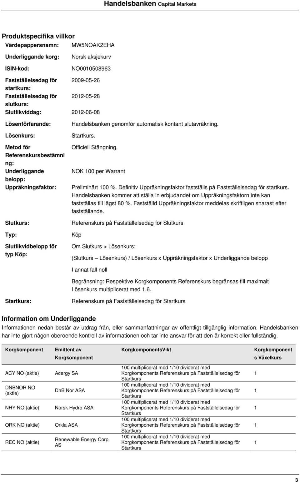 automatisk kontant slutavräkning.. Officiell Stängning. NOK 00 per Warrant Preliminärt 00 %. Definitiv Uppräkningsfaktor fastställs på Fastställelsedag för startkurs.